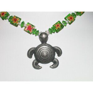 Handcrafted Millefiori Glass & Metal Turtle Pendant Necklace With Green & White